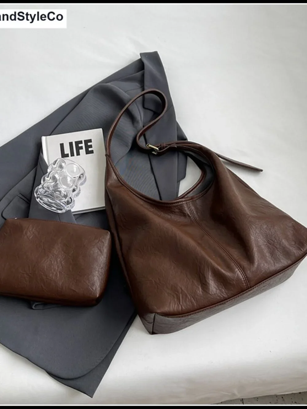 Vegan Leather Slouchy Hobo Bag Set Crossbody Tote 2PC with Coin Purse